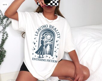 Leaving Reality Entering Fiction T Shirt, Book Lover Gift, Retro Bookish Tee, Vintage Graphic  Funny Sarcastic Bookworm Shirt, Unisex Tee