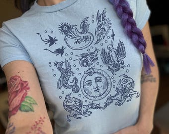 Medieval Dragons Baby Tee, Retro Graphic T-Shirt, Vintage 90s Y2K Tattoo Dark Academia Art Fairy Core Fantasy Boho Trendy Unisex Baby Tee