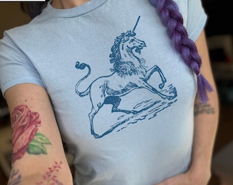 Medieval Unicorn Baby Tee, Fairycore Whimsical Shirt, Retro Graphic T-Shirt, 90s Y2K Tattoo Dark Academia Fantasy Boho Trendy Fairytale Tee