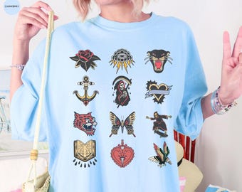 Vintage Tattoo T-Shirt, Comfort Colors®, Retro Graphic Tee, Vintage Old School Tattoo Shirt, Grunge Aesthetic Tiger Grim Reaper Streetwear