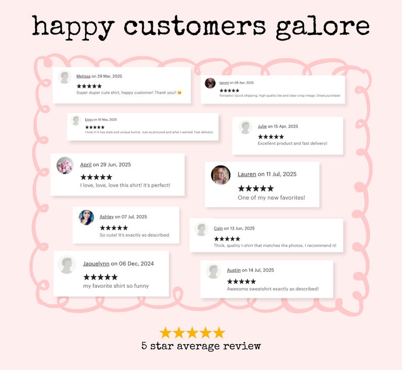 May include: A pink background with the text "happy customers galore" and customer reviews. The reviews are in white boxes with a 5-star rating. The text includes phrases like "Super duper cute shirt" and "Awesome sweatshirt exactly as described!"