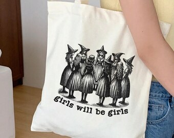 Girls Will Be Girls Tote Bag, Retro Halloween Witch Tote Bag, Vintage Witches Tote, Funny Halloween Bag, Spooky Season Canvas Tote Bag