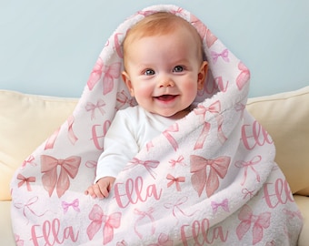 Personalized Name Blanket for Girls, Pink Bows Blanket Gift for Daughter, Custom Name Blanket Gift for Baby Girl, Custom Nursery Gift