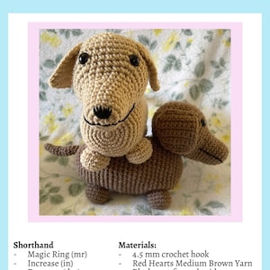 May include: A pair of crocheted dachshund dog toys in shades of brown. The toys have black embroidered features. The image also includes a list of materials and instructions for making the toy.