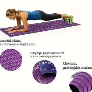 Puede incluir: Una esterilla de yoga morada con una superficie texturizada. Una persona est&aacute; usando la esterilla para hacer ejercicio. La esterilla tiene el texto "Unique anti slip design, safer and more reassuring for sports."
