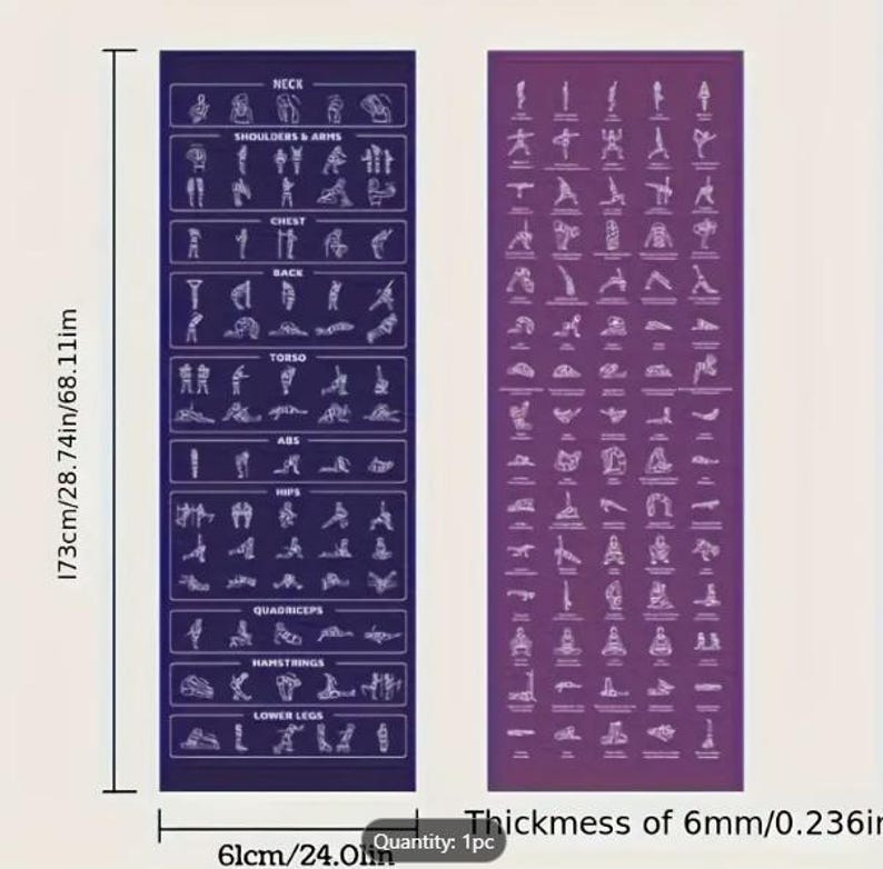 Puede incluir: Dos esterillas de yoga, una morada y otra azul oscuro, cada una con ilustraciones blancas de posturas de yoga. La esterilla azul oscuro tiene secciones etiquetadas para diferentes &aacute;reas del cuerpo. Las esterillas miden 173 cm de largo y 61 cm de ancho, con un grosor de 6 mm.