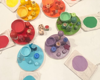 Handmade Montessori Rainbow Wooden Sorting Toy with Dice