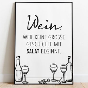 Könnte beinhalten: Schwarz-weiß-Illustration von zwei Weingläsern, einer Weinflasche und einem Korkenzieher. Der Text lautet "Wein, weil keine grosse Geschichte mit Salat beginnt."