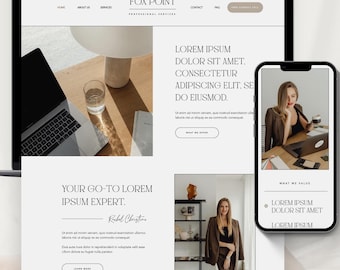May include: A website homepage for a business called Fox Point, featuring a woman in a brown suit standing in front of a bookshelf. The website text includes the phrase "Your go-to Lorem Ipsum Expert." and the name "Roshel Christian".