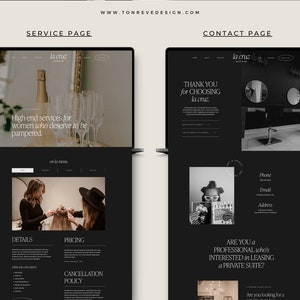 May include: A website screenshot showing the service and contact pages for a salon called "la cruz". The service page features a black and white photo of a stylist working on a client's hair. The contact page features a black and white photo of the salon interior and a form for customers to contact the salon.