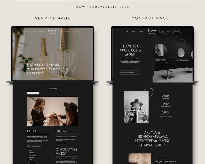 May include: A website screenshot showing the service and contact pages for a salon called "la cruz". The service page features a black and white photo of a stylist working on a client's hair. The contact page features a black and white photo of the salon interior and a form for customers to contact the salon.
