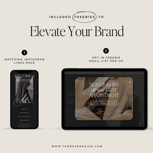 May include: A mockup of a website and a mobile phone screen showing a dark themed website with the text "Welcome to the Studio" and a pop-up window with the text "Sign up for 15% off your first appointment".