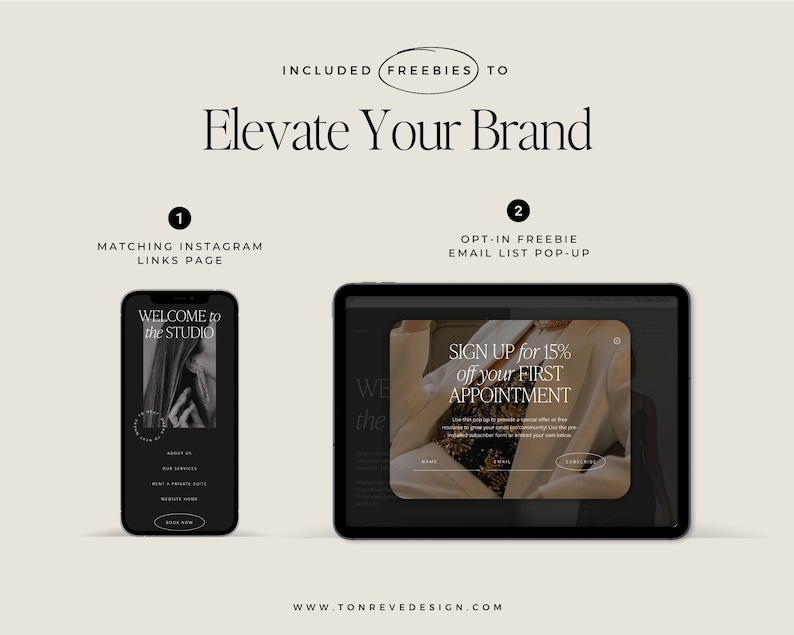 May include: A mockup of a website and a mobile phone screen showing a dark themed website with the text "Welcome to the Studio" and a pop-up window with the text "Sign up for 15% off your first appointment".