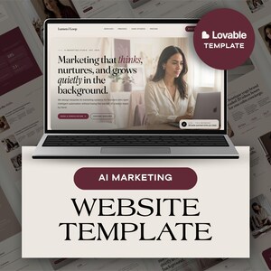 May include: A digital website template for AI marketing displayed on a laptop screen. The interface features a dark maroon and cream color palette with serif typography, including the text Marketing that thinks, nurtures, and grows quietly.