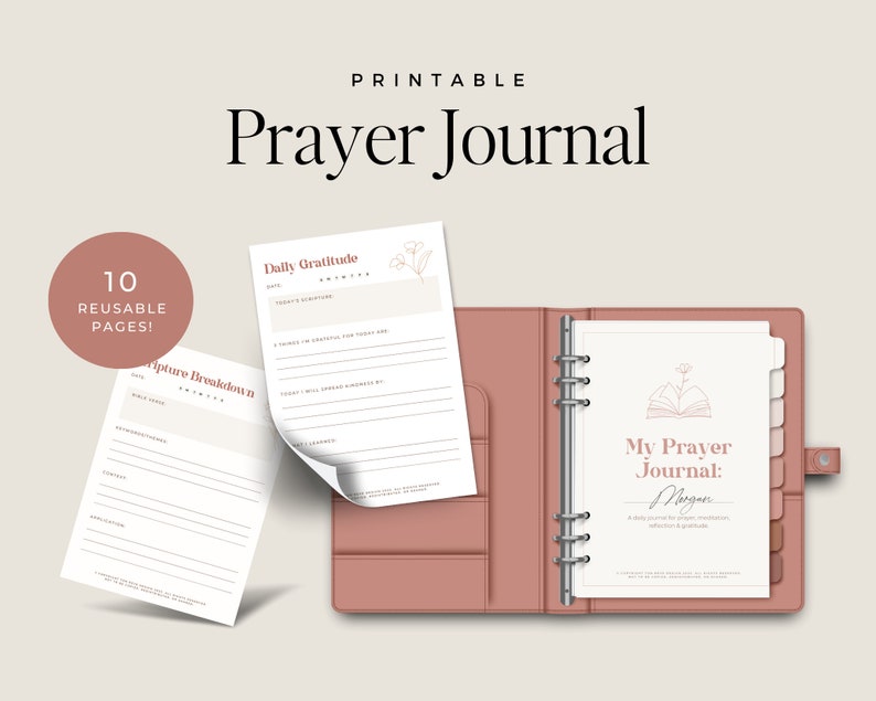 Pu&ograve; includere: Diario di preghiera stampabile con 10 pagine riutilizzabili. Il diario ha una copertina rosa e include pagine per la gratitudine quotidiana, l'analisi delle Scritture e le richieste di preghiera. Il testo sulla copertina recita "Il mio diario di preghiera: Morgen".
