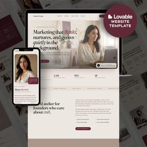 May include: A website template design displayed on a laptop screen and a smartphone, featuring a beige and dark maroon color scheme. The layout includes text headers like Lumen/Loop, Marketing that thinks, nurtures, and grows quietly in the background.