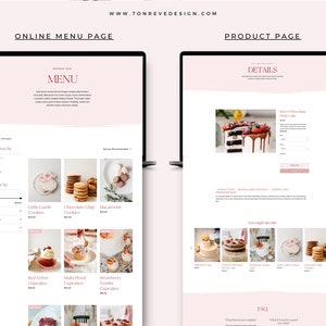 May include: A website screenshot showing an online menu and product page for a bakery. The menu page features a variety of baked goods, including cupcakes, cookies, and macarons. The product page shows a close-up of a chocolate drip cake with berries and a description of the cake.