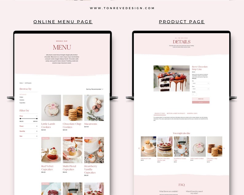 May include: A website screenshot showing an online menu and product page for a bakery. The menu page features a variety of baked goods, including cupcakes, cookies, and macarons. The product page shows a close-up of a chocolate drip cake with berries and a description of the cake.