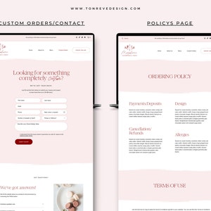 May include: A website screenshot showing a custom order form and a page with ordering policies for a bakery called "Modena Patisserie & Cafe". The form includes fields for name, phone, email, order date, number of people, pickup date, and a message box. The policies page includes sections for payments, deposits, design, cancellation, refunds, allergies, and terms of use.