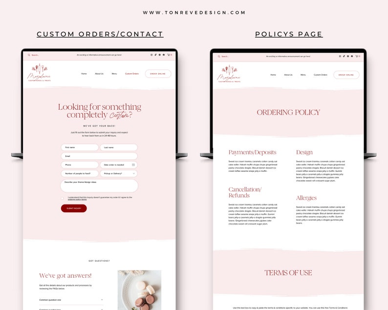 May include: A website screenshot showing a custom order form and a page with ordering policies for a bakery called "Modena Patisserie & Cafe". The form includes fields for name, phone, email, order date, number of people, pickup date, and a message box. The policies page includes sections for payments, deposits, design, cancellation, refunds, allergies, and terms of use.