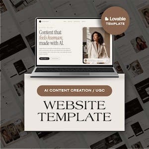 May include: A laptop displaying a website template for AI content creation and UGC. The screen shows the text Content that feels human, made with AI, a photo of a person in a blazer, and a brown circular badge labeled Lovable Template.