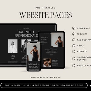 May include: Website pages for a hair salon, showing a laptop, tablet, and phone with a black and white design. The text on the website says "Talented Professionals" and "Welcome to the Studio".