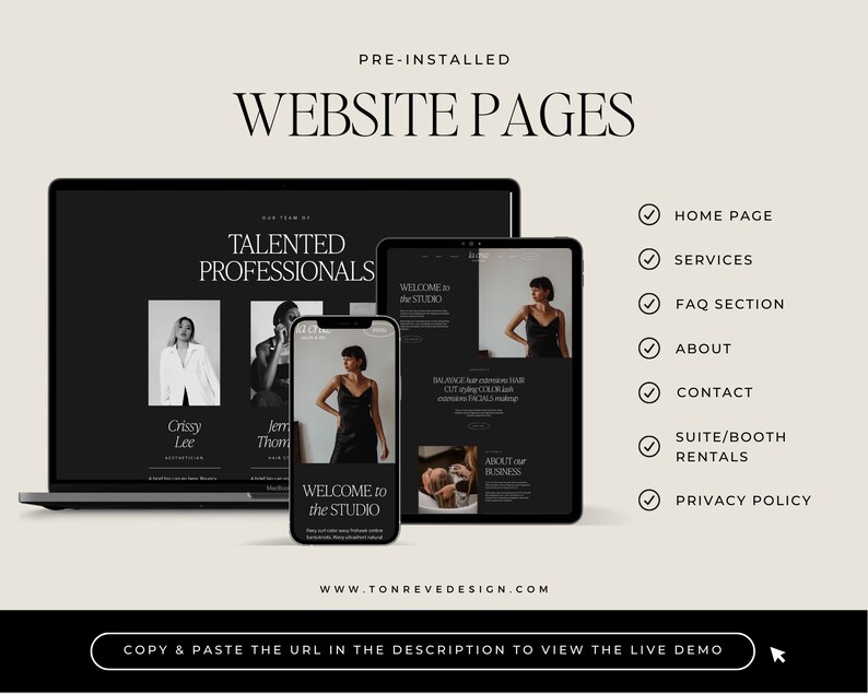 May include: Website pages for a hair salon, showing a laptop, tablet, and phone with a black and white design. The text on the website says "Talented Professionals" and "Welcome to the Studio".