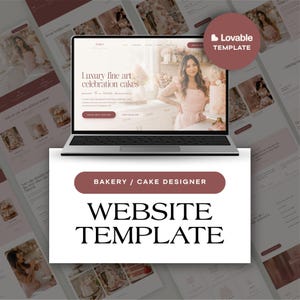 May include: A laptop displaying a website template for a bakery and cake designer, featuring a soft pink color palette, imagery of cakes, and text including Luxury fine art celebration cakes and Lovable TEMPLATE on a circular badge.