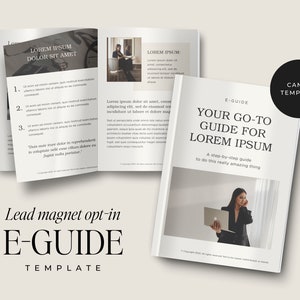 May include: A white and black e-guide template with the title "Your Go-To Guide for Lorem Ipsum" and the text "A step-by-step guide to do this really amazing thing". The template features a woman in a black blazer holding a laptop.