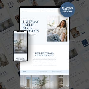 May include: A website template displayed on a laptop and smartphone screen, featuring a clean layout with white backgrounds, dark blue text, and imagery of a person in a robe, with the text Luxury and Results-Driven Hydration and Lovable Website Template.