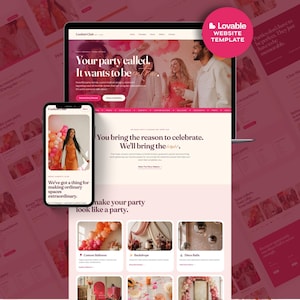 May include: A website template for a party rental business displayed on a laptop and a smartphone. The design features a cream and pink color palette with text including "Confetti Club," "Your party called," and "We make your party look like a party."