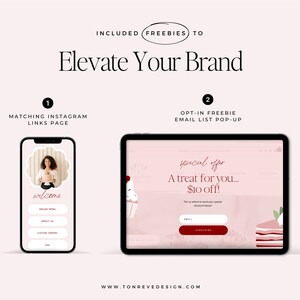May include: A pink and white mobile phone screen with a welcome message and links to online menu, about us, custom orders, and FAQ. A pink and white tablet screen with a pop-up form for an email list sign-up with the text "special offer, A treat for you... $10 off!"