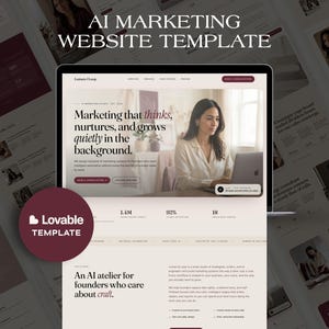 May include: A digital website template for AI marketing featuring a laptop screen displaying a landing page with the text AI MARKETING WEBSITE TEMPLATE, Lumen/Loop, and An AI atelier for founders who care about craft, with a maroon circular badge.