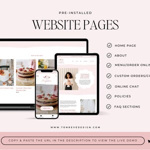 May include: Website mockup showing a bakery's website on a laptop, tablet, and phone. The website features a home page, about page, menu/order online, custom orders/contact, online chat, policies, and FAQ sections.
