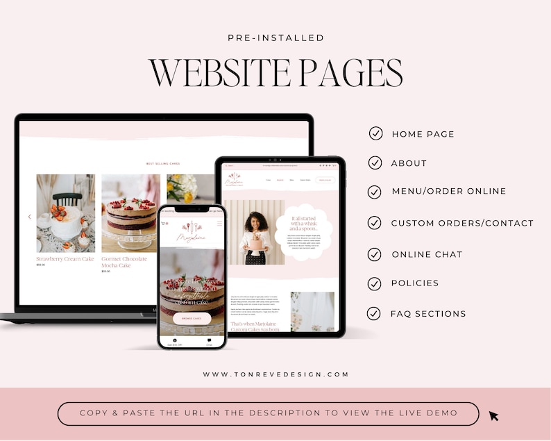 May include: Website mockup showing a bakery's website on a laptop, tablet, and phone. The website features a home page, about page, menu/order online, custom orders/contact, online chat, policies, and FAQ sections.