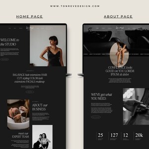 May include: A website homepage and about page for a hair salon called "la cruz salon." The homepage features a woman with long dark hair wearing a black dress. The about page features a woman sitting in a salon chair and a close-up of a stylist cutting hair.