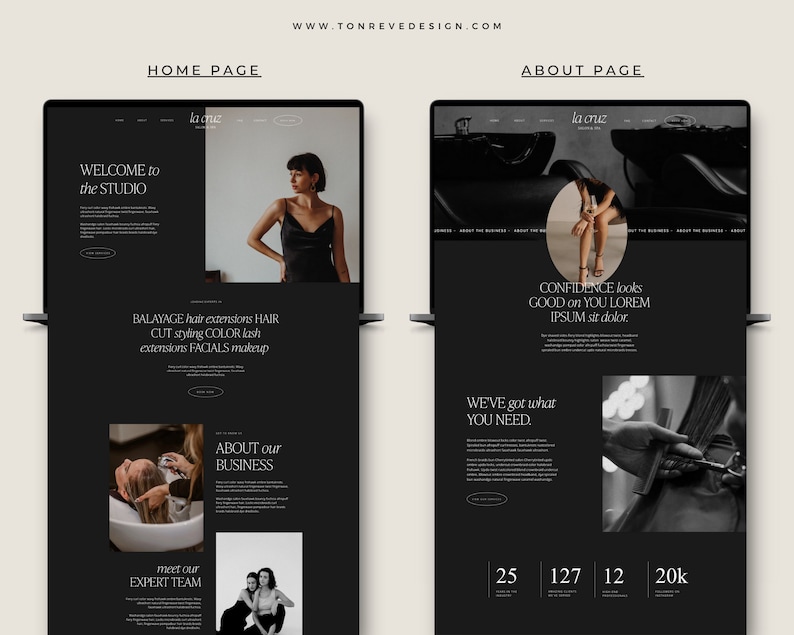 May include: A website homepage and about page for a hair salon called "la cruz salon." The homepage features a woman with long dark hair wearing a black dress. The about page features a woman sitting in a salon chair and a close-up of a stylist cutting hair.