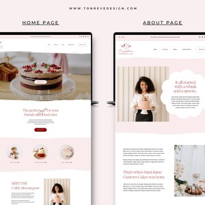 May include: Website homepage and about page for a custom cake bakery called Marjolaine Custom Cakes. The homepage features a photo of a cake with red and white frosting and the text "The perfect gift for your friends and loved ones". The about page features a photo of the baker with a cake and the text "It all started with a whisk and a spoon... That's when Marjolaine Custom Cakes was born."