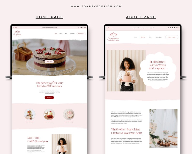 May include: Website homepage and about page for a custom cake bakery called Marjolaine Custom Cakes. The homepage features a photo of a cake with red and white frosting and the text "The perfect gift for your friends and loved ones". The about page features a photo of the baker with a cake and the text "It all started with a whisk and a spoon... That's when Marjolaine Custom Cakes was born."