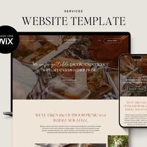 May include: Website template for a picnic experience business. The website features a photo of a picnic basket and food on a checkered blanket. The text on the website reads "An unforgettable picnic experience with an extravagant twist." and "We've taken the outdoor picnic to a whole new level."