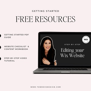 May include: A laptop screen displaying a Wix website editing tutorial. The tutorial is titled "Step-by-Step Editing your Wix Website" and features a woman smiling at the camera. The screen also includes a Wix logo and the text "Free Resources".