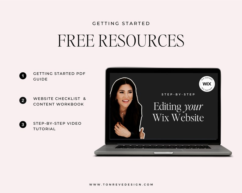 May include: A laptop screen displaying a Wix website editing tutorial. The tutorial is titled "Step-by-Step Editing your Wix Website" and features a woman smiling at the camera. The screen also includes a Wix logo and the text "Free Resources".