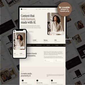 May include: A website template design displayed on a laptop screen and a smartphone screen. The layout features a light beige background with dark text, including the headline Content that feels human, made with AI, and a photograph of a person.