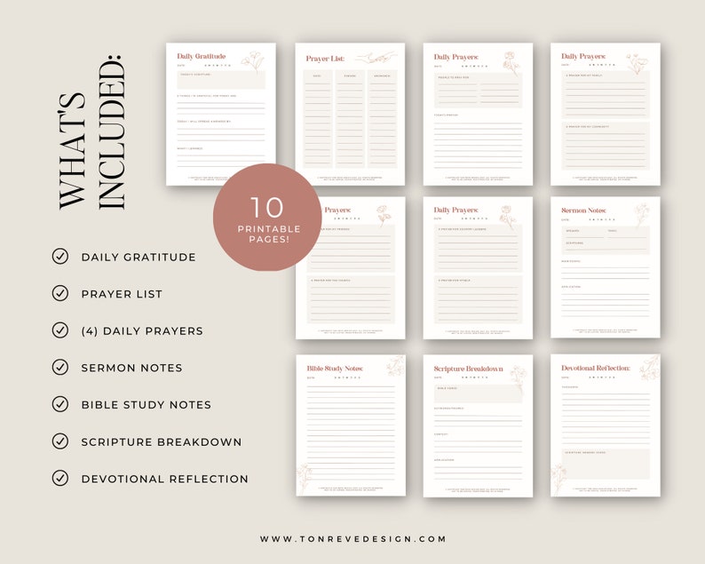 Pu&ograve; includere: Un set di 10 pagine stampabili per la scrittura di un diario e la preghiera. Le pagine includono sezioni per la gratitudine quotidiana, l'elenco delle preghiere, le preghiere quotidiane, gli appunti del sermone, gli appunti di studio biblico, la scomposizione delle Scritture e la riflessione devozionale. Le pagine sono decorate con un motivo floreale.