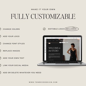 May include: A laptop screen displaying a website template with the text "WELCOME to the STUDIO". The website is customizable with features like changing colors, adding a logo, and replacing images. The text "MAKE IT YOUR OWN" and "FULLY CUSTOMIZABLE" are displayed above the laptop.