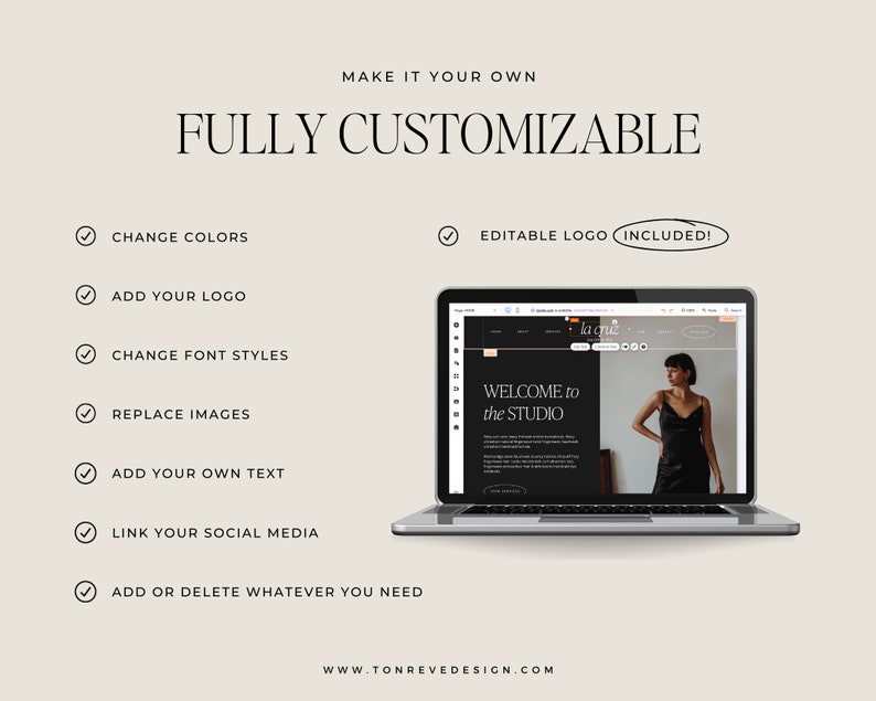 May include: A laptop screen displaying a website template with the text "WELCOME to the STUDIO". The website is customizable with features like changing colors, adding a logo, and replacing images. The text "MAKE IT YOUR OWN" and "FULLY CUSTOMIZABLE" are displayed above the laptop.