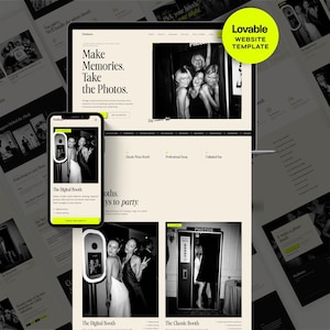 May include: A website template for a photo booth service featuring a black and white color scheme. The layout displays text including Make Memories. Take the Photos., The Digital Booth, and The Classic Booth, alongside images of people using photo booth equipment and a bright yellow circular badge labeled Lovable Website Template.