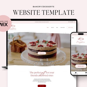 May include: Website template for a bakery or dessert shop called "Majline" featuring a red velvet cake with berries on a glass cake stand. The website has a simple design with a white background and a pink accent colour. The text on the website says "Celebrate life's sweet moments with an unforgettable custom cake." and "The perfect gift for your friends and loved ones."