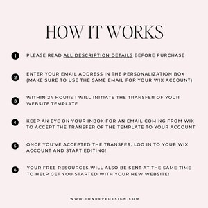 May include: A numbered list of steps on how to transfer a website template. The steps include reading the description details, entering your email address, initiating the transfer, checking your inbox for an email, logging into your account, and receiving free resources.