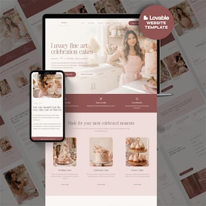 May include: A website template for a bakery business displayed on a laptop and smartphone screen. The design features a soft pink and maroon color palette, showcasing images of tiered cakes, dessert tables, and text headers like Luxury fine art celebration cakes.